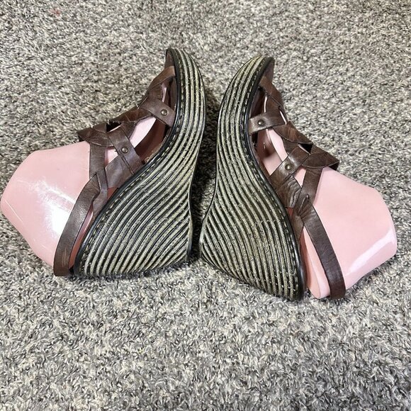 BORN Brown Leather Wedge Sandals Genesis Strappy Open Toe Slingback Size 10 - Picture 6 of 11